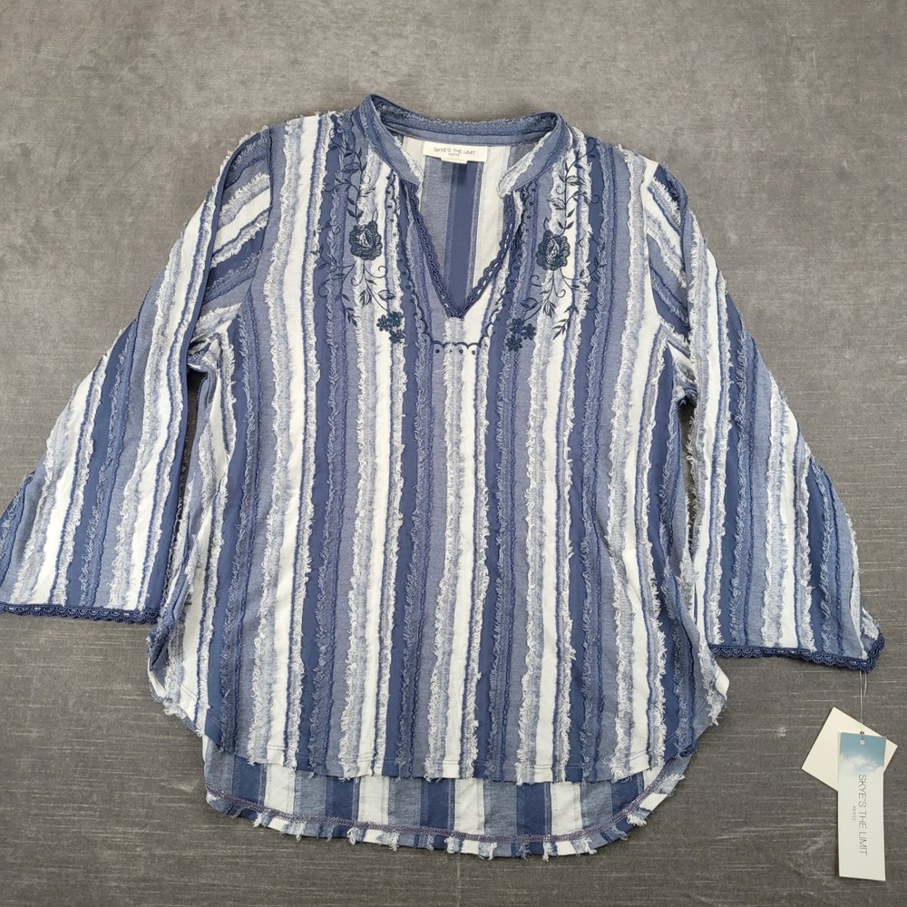 Skyes The Limit Petite Large Blue White Striped Embroidered Boho Top